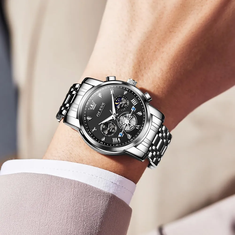 OLEVS Men Skeleton Watches Stainless Steel Analog Quartz Moon Phase Male Watch, Diamond Multi Calendar Chronograph Watch,Waterproof Wrist Watch for Men