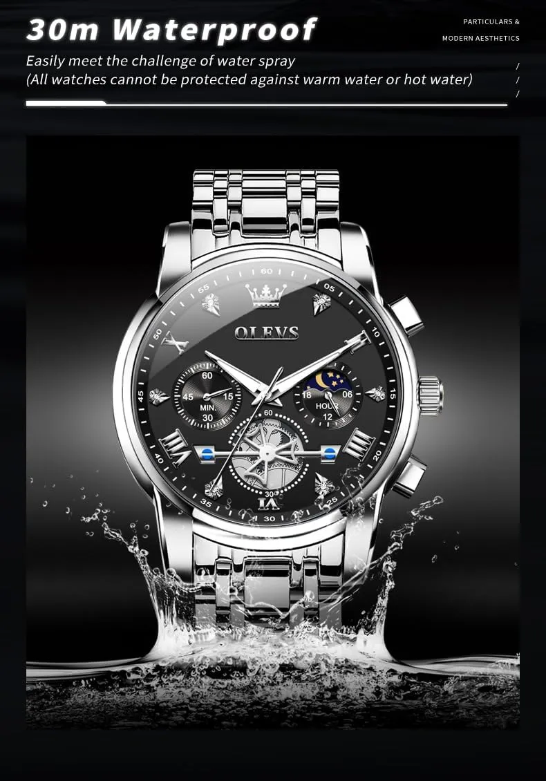 OLEVS Men Skeleton Watches Stainless Steel Analog Quartz Moon Phase Male Watch, Diamond Multi Calendar Chronograph Watch,Waterproof Wrist Watch for Men