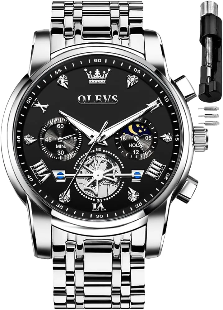 OLEVS Men Skeleton Watches Stainless Steel Analog Quartz Moon Phase Male Watch, Diamond Multi Calendar Chronograph Watch,Waterproof Wrist Watch for Men