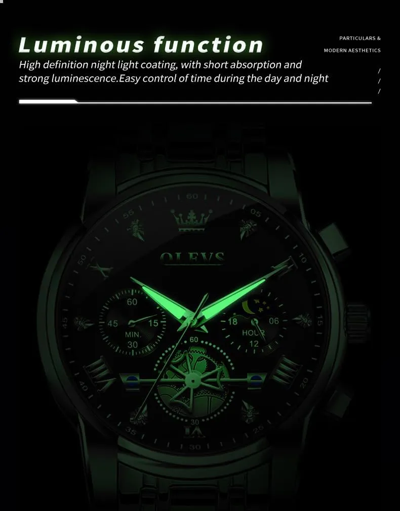 OLEVS Men Skeleton Watches Stainless Steel Analog Quartz Moon Phase Male Watch, Diamond Multi Calendar Chronograph Watch,Waterproof Wrist Watch for Men