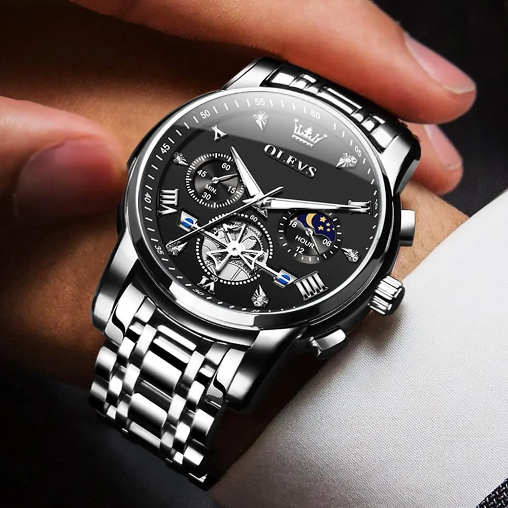 OLEVS Men Skeleton Watches Stainless Steel Analog Quartz Moon Phase Male Watch, Diamond Multi Calendar Chronograph Watch,Waterproof Wrist Watch for Men