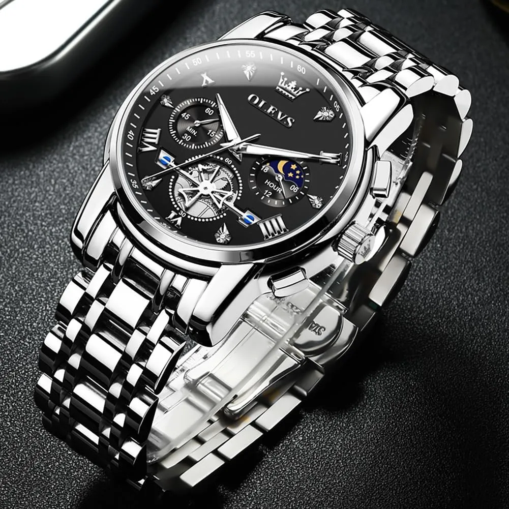 OLEVS Men Skeleton Watches Stainless Steel Analog Quartz Moon Phase Male Watch, Diamond Multi Calendar Chronograph Watch,Waterproof Wrist Watch for Men
