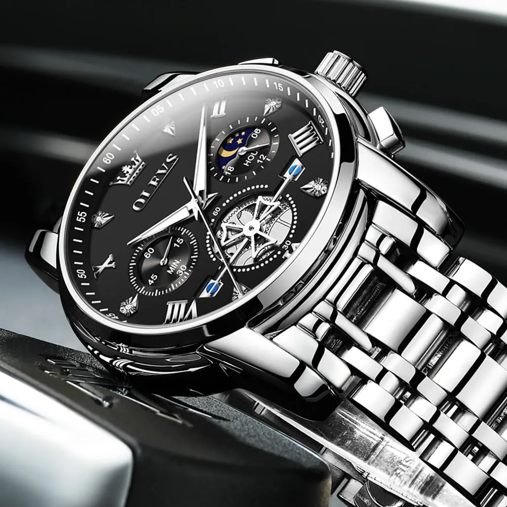 OLEVS Men Skeleton Watches Stainless Steel Analog Quartz Moon Phase Male Watch, Diamond Multi Calendar Chronograph Watch,Waterproof Wrist Watch for Men