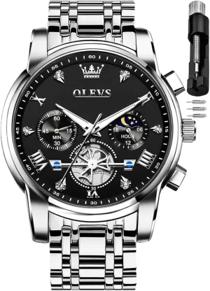 OLEVS Men Skeleton Watches Stainless Steel Analog Quartz Moon Phase Male Watch, Diamond Multi Calendar Chronograph Watch,Waterproof Wrist Watch for Men