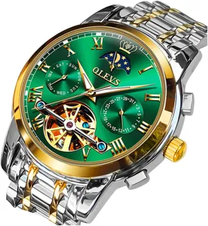OLEVS Men Watch Automatic Mechanical Skeleton Moon Phase Dress Business Stainless Steel 3AT Waterproof Luminous Men Wrist Watch