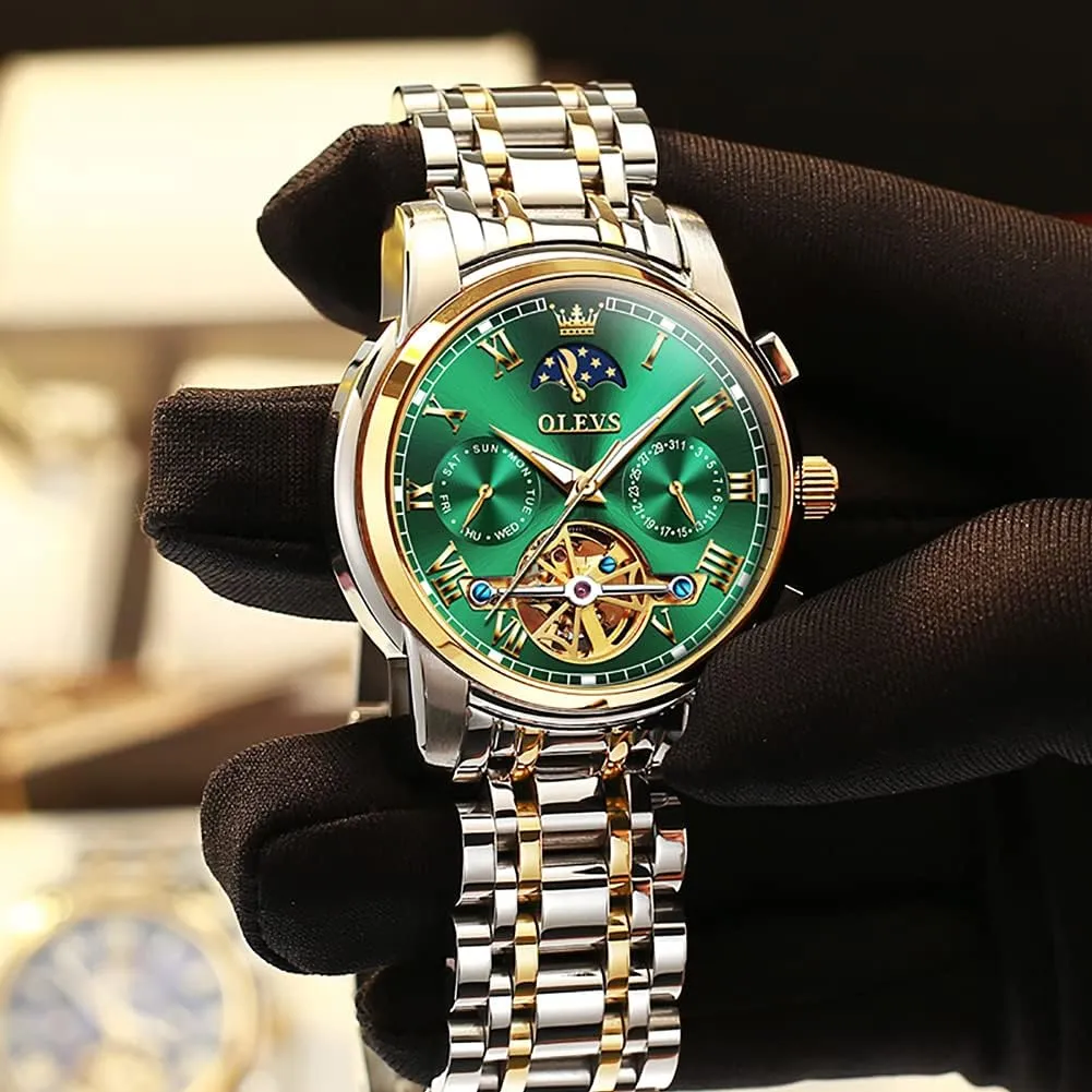 OLEVS Men Watch Automatic Mechanical Skeleton Moon Phase Dress Business Stainless Steel 3AT Waterproof Luminous Men Wrist Watch