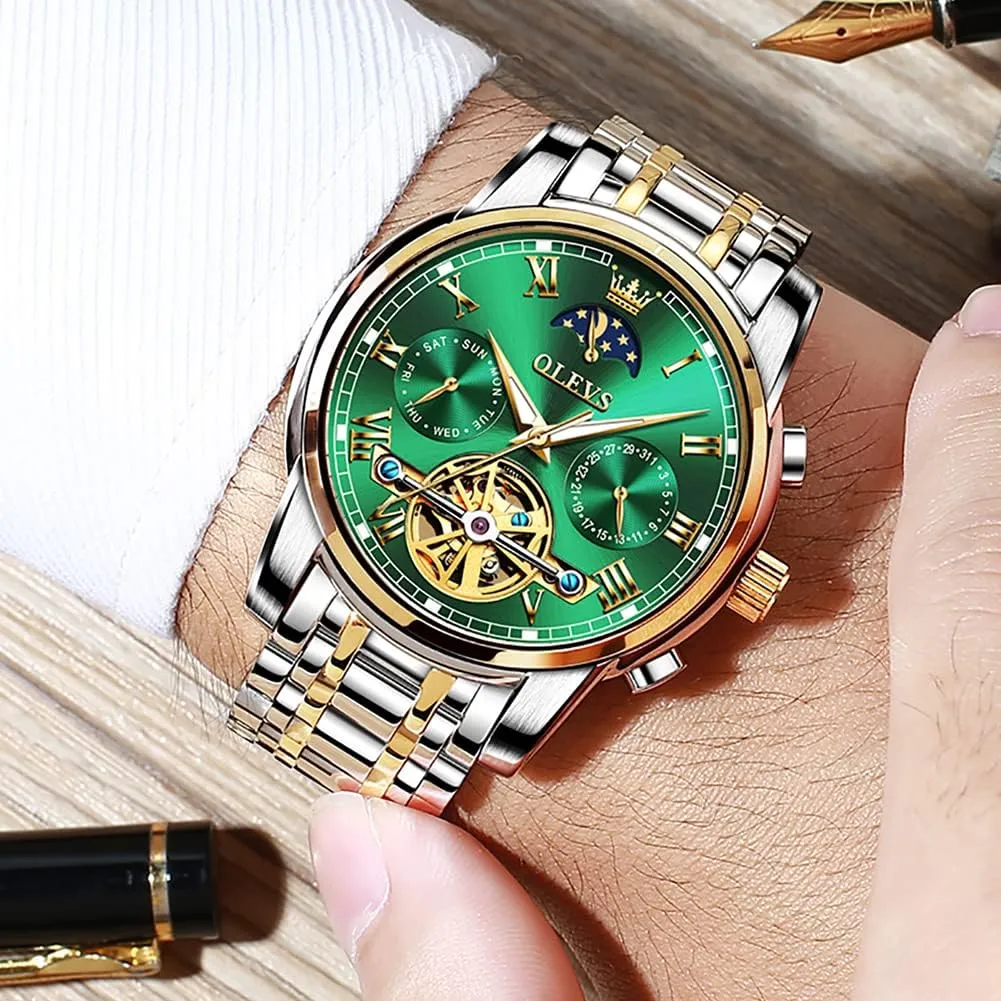 OLEVS Men Watch Automatic Mechanical Skeleton Moon Phase Dress Business Stainless Steel 3AT Waterproof Luminous Men Wrist Watch