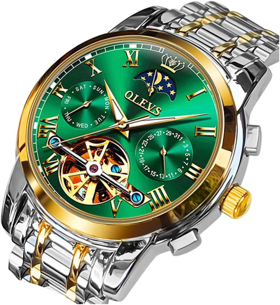 OLEVS Men Watch Automatic Mechanical Skeleton Moon Phase Dress Business Stainless Steel 3AT Waterproof Luminous Men Wrist Watch