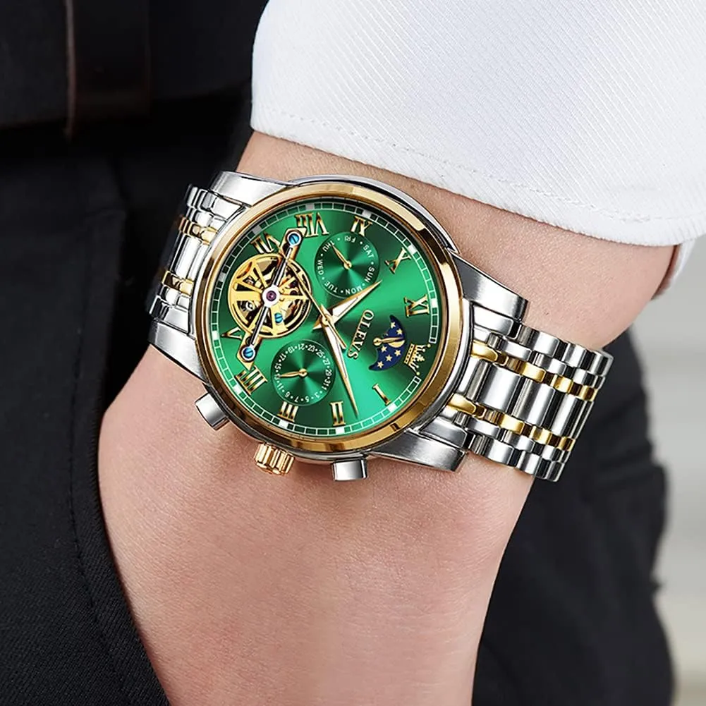 OLEVS Men Watch Automatic Mechanical Skeleton Moon Phase Dress Business Stainless Steel 3AT Waterproof Luminous Men Wrist Watch