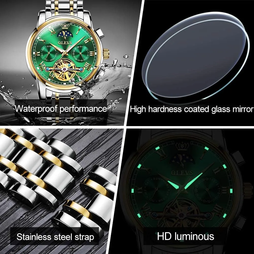 OLEVS Men Watch Automatic Mechanical Skeleton Moon Phase Dress Business Stainless Steel 3AT Waterproof Luminous Men Wrist Watch