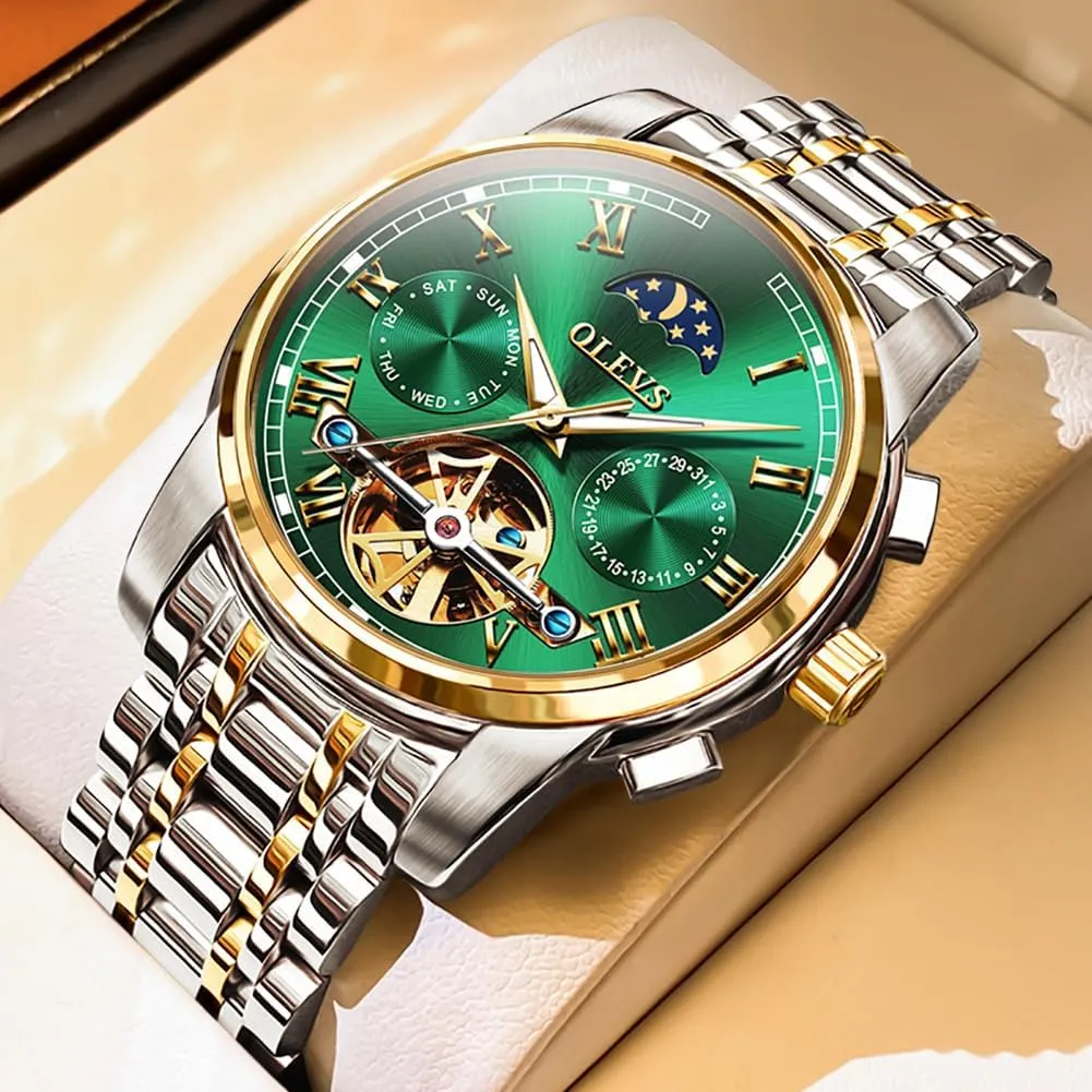 OLEVS Men Watch Automatic Mechanical Skeleton Moon Phase Dress Business Stainless Steel 3AT Waterproof Luminous Men Wrist Watch