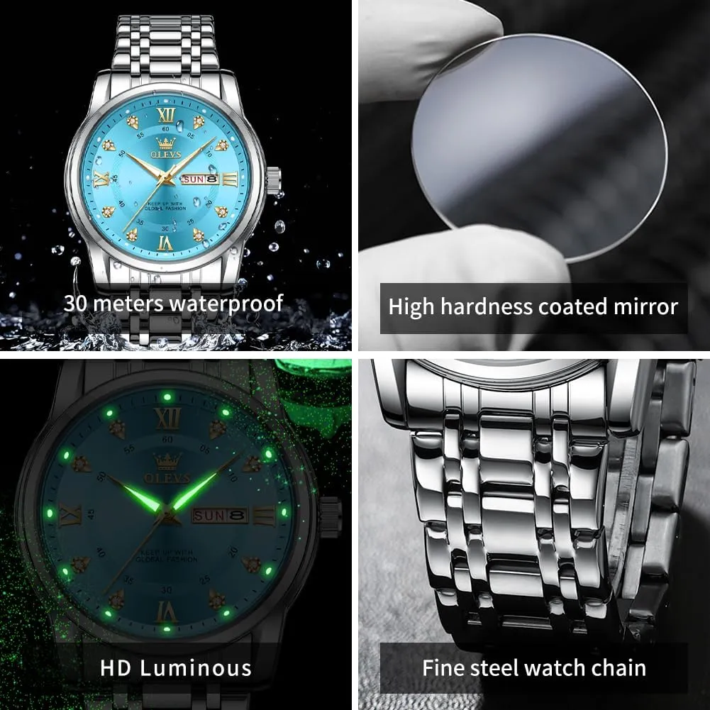OLEVS Men Watch Blue Gold Analog Quartz Stainless Steel Waterproof Luminous Date Luxury Casual Watch