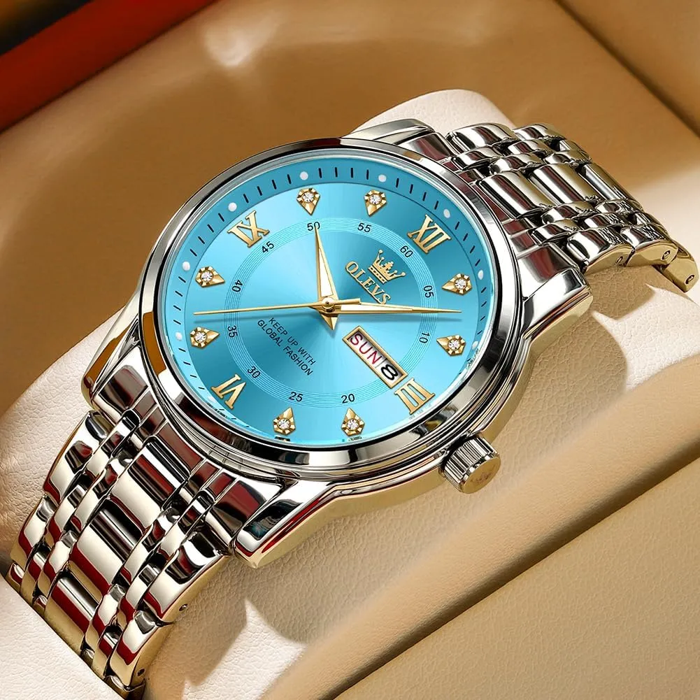 OLEVS Men Watch Blue Gold Analog Quartz Stainless Steel Waterproof Luminous Date Luxury Casual Watch
