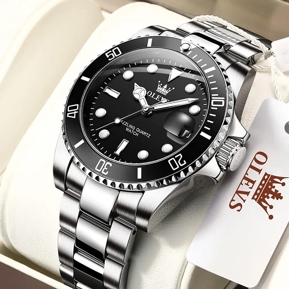 OLEVS Men Watch,Big Dial Watches for Men Stainless Steel Watch with Day Waterproof Analog Quartz Watches for Man Classic Business Wristwatch Luxury Luminous Round for Men Rotatable Bezel Watch