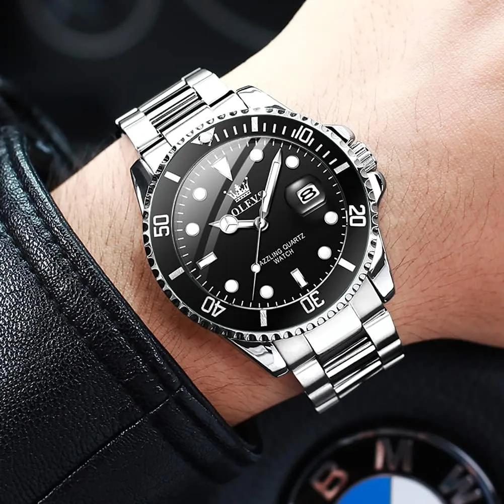 OLEVS Men Watch,Big Dial Watches for Men Stainless Steel Watch with Day Waterproof Analog Quartz Watches for Man Classic Business Wristwatch Luxury Luminous Round for Men Rotatable Bezel Watch