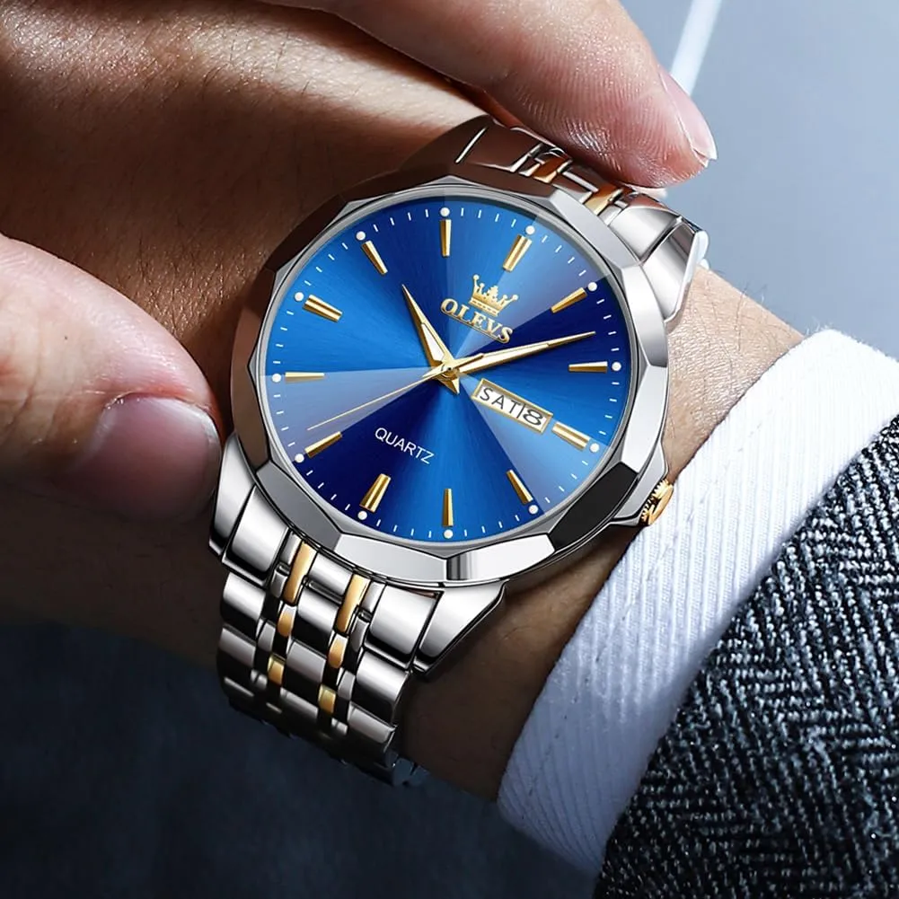 OLEVS Men Watches Business Dress Diamond Analog Quartz Date Luxury Wrist Watch Casual Stainless Steel Waterproof Luminous Two Tone Watch for Men