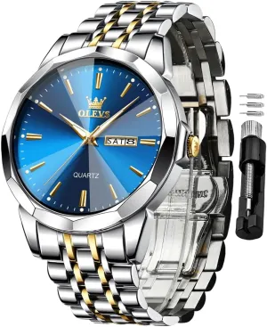 OLEVS Men Watches Business Dress Diamond Analog Quartz Date Luxury Wrist Watch Casual Stainless Steel Waterproof Luminous Two Tone Watch for Men
