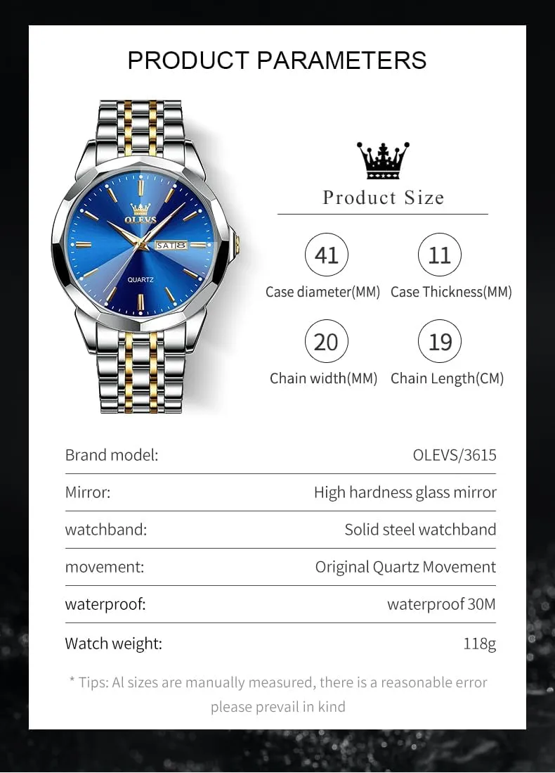 OLEVS Men Watches Business Dress Diamond Analog Quartz Date Luxury Wrist Watch Casual Stainless Steel Waterproof Luminous Two Tone Watch for Men