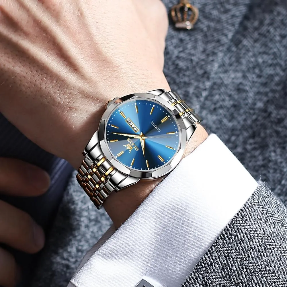 OLEVS Men Watches Business Dress Diamond Analog Quartz Date Luxury Wrist Watch Casual Stainless Steel Waterproof Luminous Two Tone Watch for Men