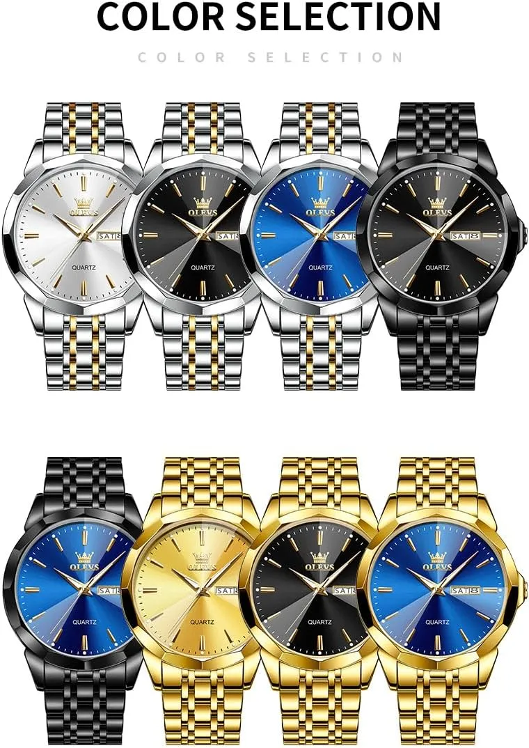 OLEVS Men Watches Business Dress Diamond Analog Quartz Date Luxury Wrist Watch Casual Stainless Steel Waterproof Luminous Two Tone Watch for Men