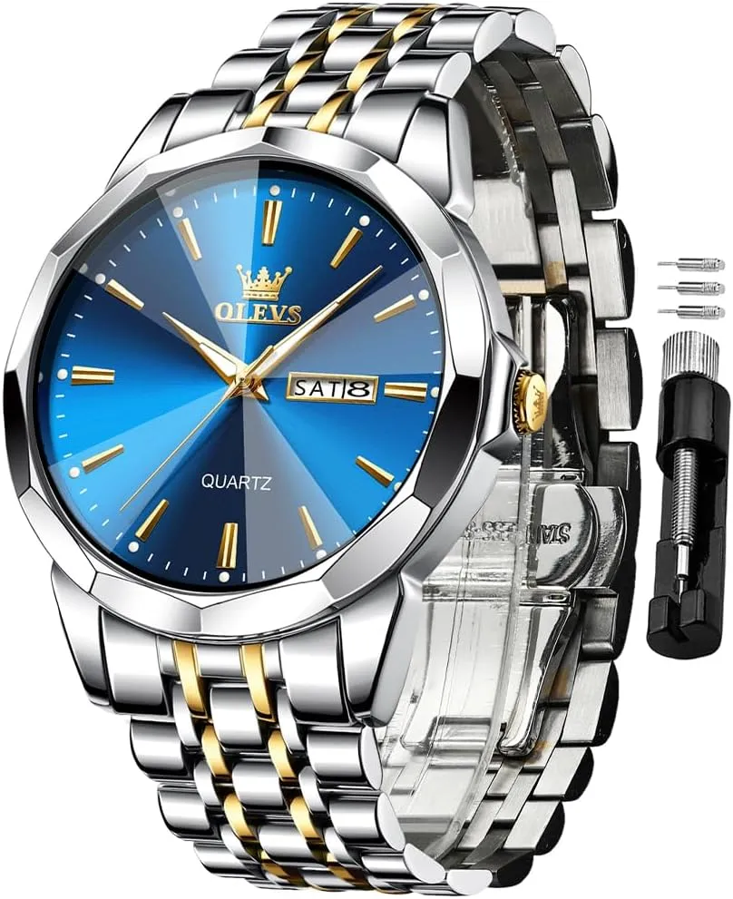 OLEVS Men Watches Business Dress Diamond Analog Quartz Date Luxury Wrist Watch Casual Stainless Steel Waterproof Luminous Two Tone Watch for Men