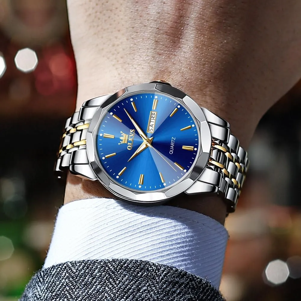 OLEVS Men Watches Business Dress Diamond Analog Quartz Date Luxury Wrist Watch Casual Stainless Steel Waterproof Luminous Two Tone Watch for Men