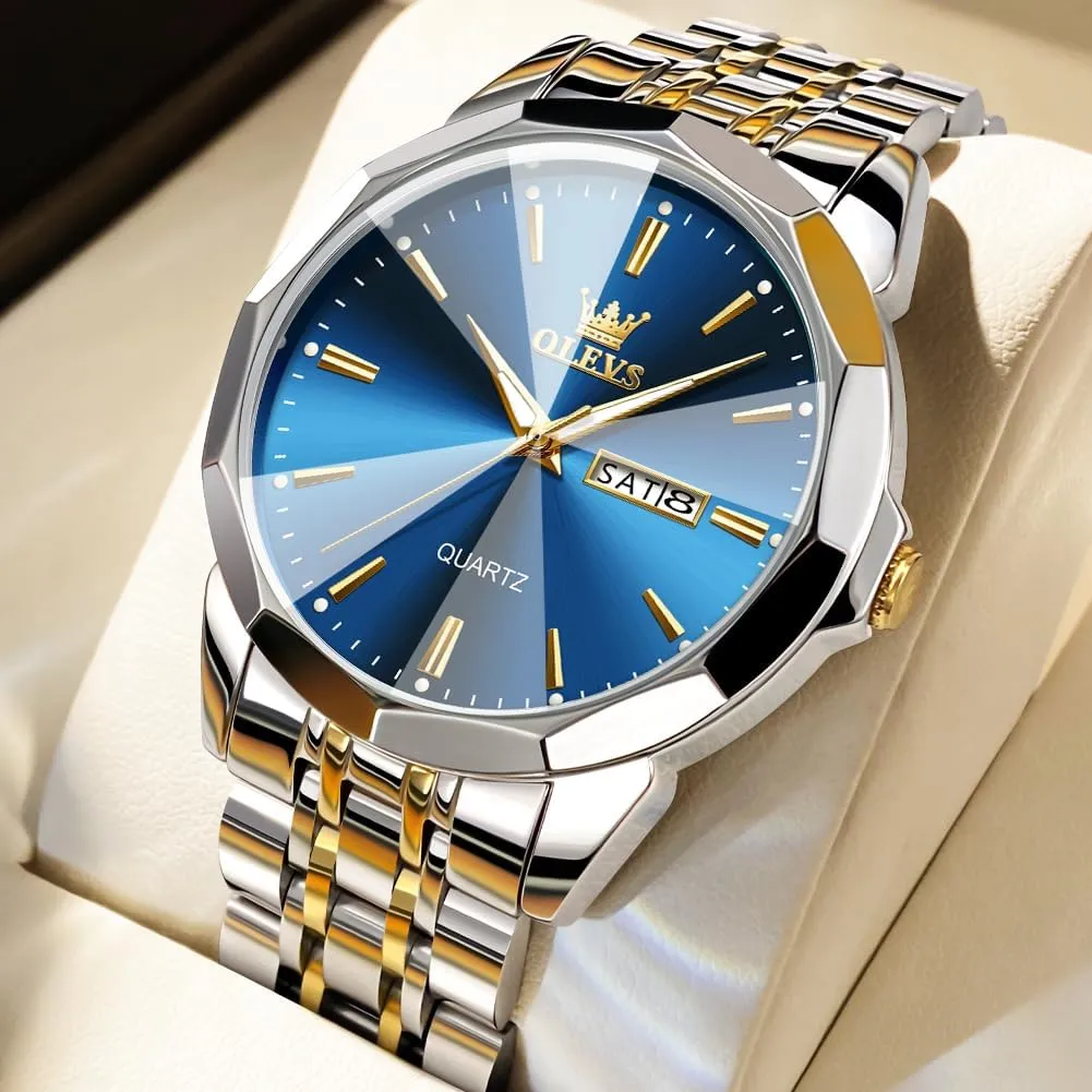 OLEVS Men Watches Business Dress Diamond Analog Quartz Date Luxury Wrist Watch Casual Stainless Steel Waterproof Luminous Two Tone Watch for Men