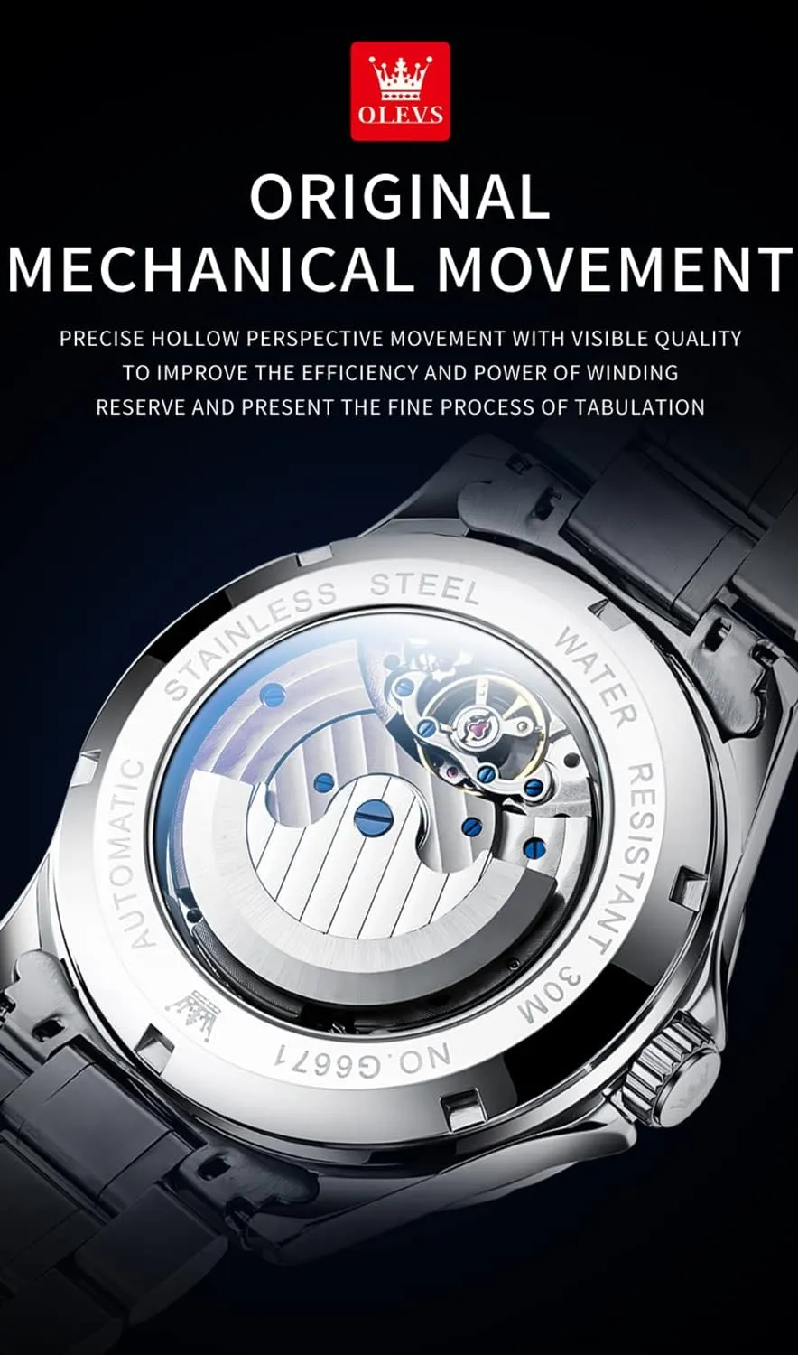 OLEVS Men's Automatic Mechanical Watches Luxury Dress Waterproof Self Winding Moon Phase Chronograph Stainless Steel Luminous Date Tourbillon Wristwatch for Men