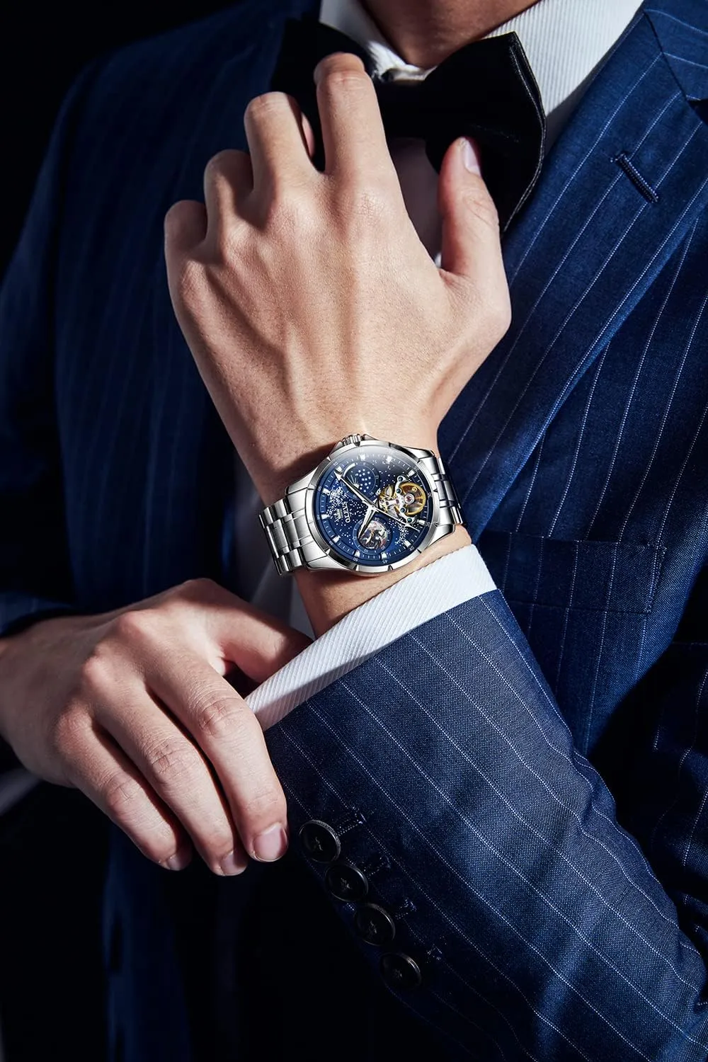 OLEVS Men's Automatic Mechanical Watches Luxury Dress Waterproof Self Winding Moon Phase Chronograph Stainless Steel Luminous Date Tourbillon Wristwatch for Men