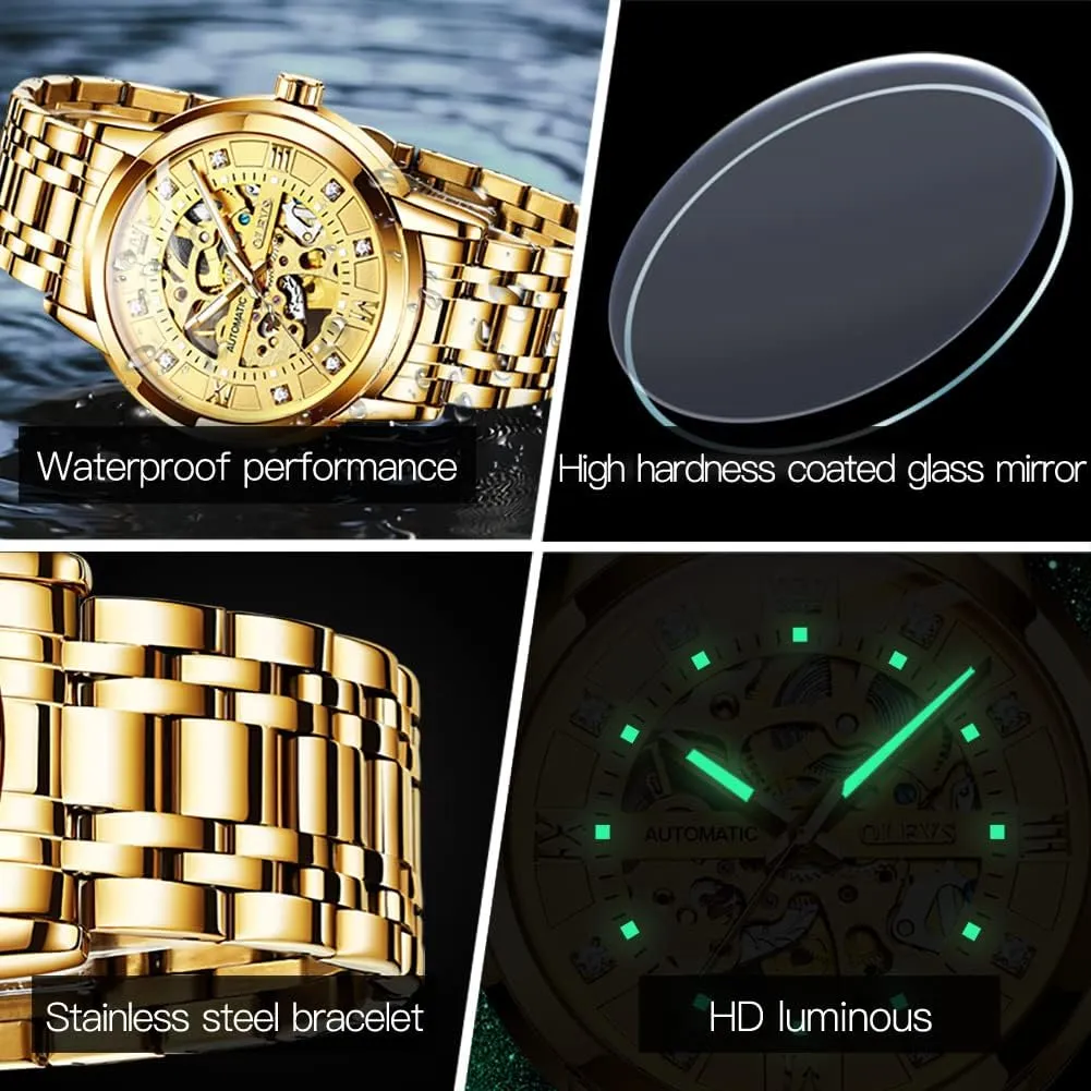 OLEVS Mens Automatic Watch Skeleton Diamond Luxury Mechanical Self Winding Dress Wrist Watch Waterproof Luminous