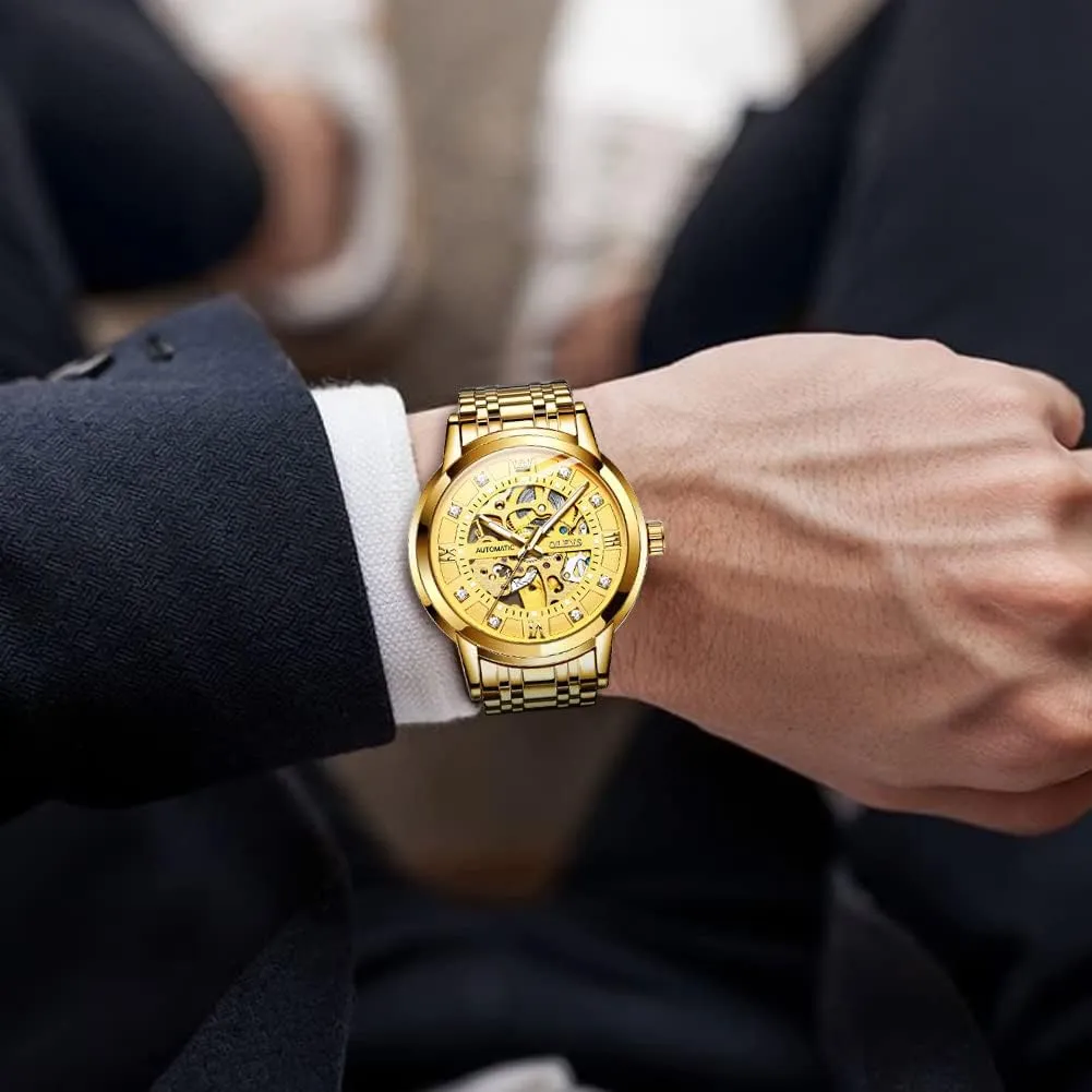 OLEVS Mens Automatic Watch Skeleton Diamond Luxury Mechanical Self Winding Dress Wrist Watch Waterproof Luminous