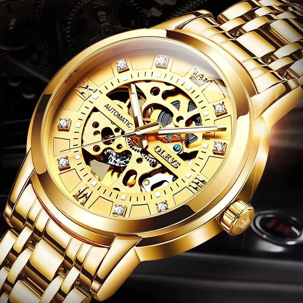 OLEVS Mens Automatic Watch Skeleton Diamond Luxury Mechanical Self Winding Dress Wrist Watch Waterproof Luminous