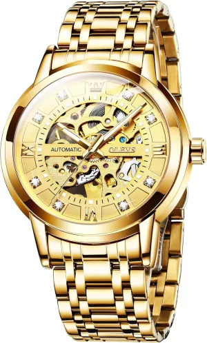 OLEVS Mens Automatic Watch Skeleton Diamond Luxury Mechanical Self Winding Dress Wrist Watch Waterproof Luminous