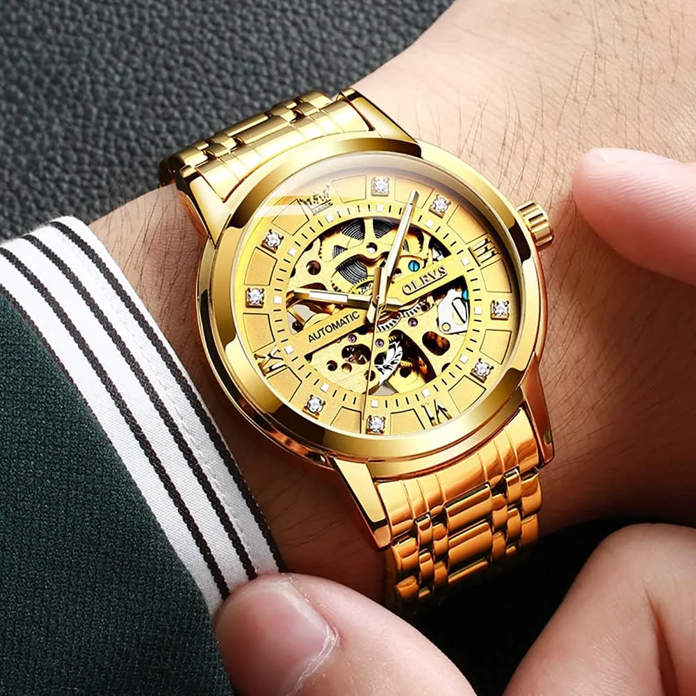 OLEVS Mens Automatic Watch Skeleton Diamond Luxury Mechanical Self Winding Dress Wrist Watch Waterproof Luminous
