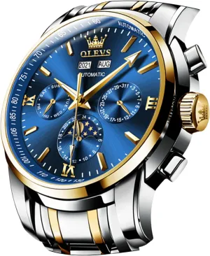 OLEVS Mens Automatic Watches Mechanical Self Winding no Battery Stainless Steel Strap Luxury Moon Phase Dress Wrist Watches for Men Waterproof Luminous