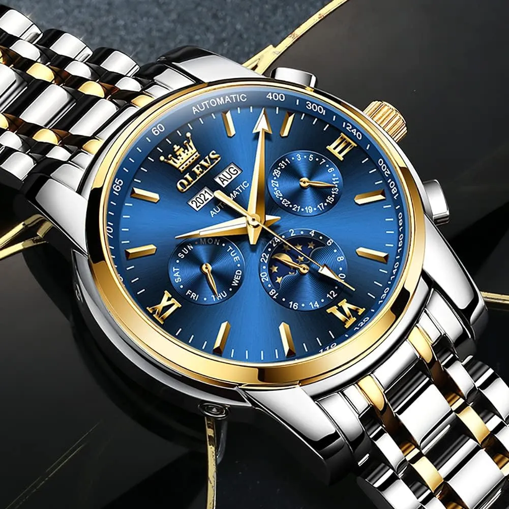 OLEVS Mens Automatic Watches Mechanical Self Winding no Battery Stainless Steel Strap Luxury Moon Phase Dress Wrist Watches for Men Waterproof Luminous