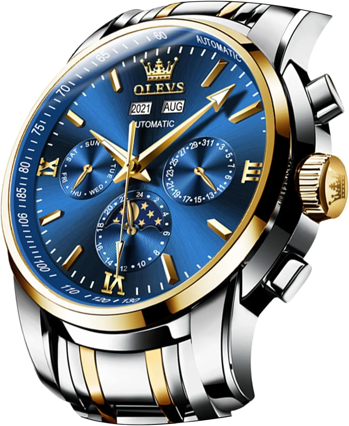 OLEVS Mens Automatic Watches Mechanical Self Winding no Battery Stainless Steel Strap Luxury Moon Phase Dress Wrist Watches for Men Waterproof Luminous