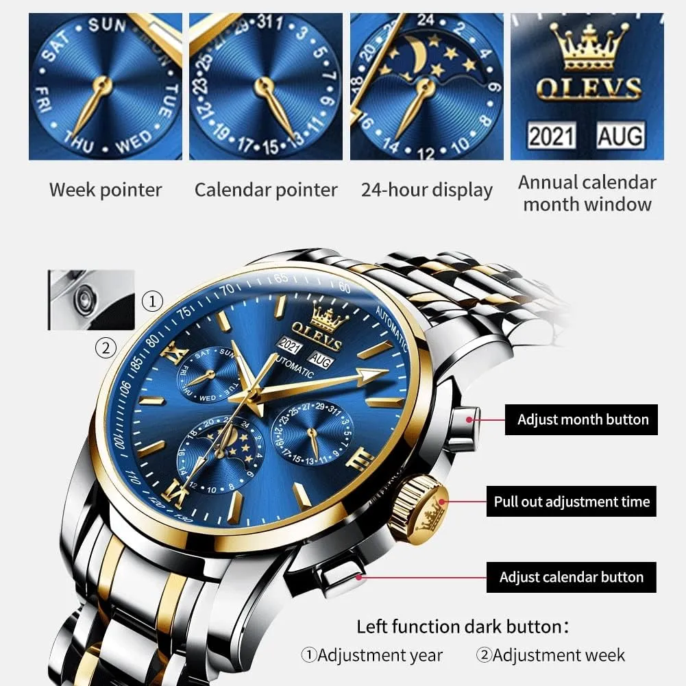 OLEVS Mens Automatic Watches Mechanical Self Winding no Battery Stainless Steel Strap Luxury Moon Phase Dress Wrist Watches for Men Waterproof Luminous