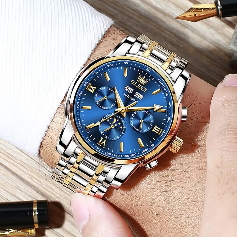 OLEVS Mens Automatic Watches Mechanical Self Winding no Battery Stainless Steel Strap Luxury Moon Phase Dress Wrist Watches for Men Waterproof Luminous