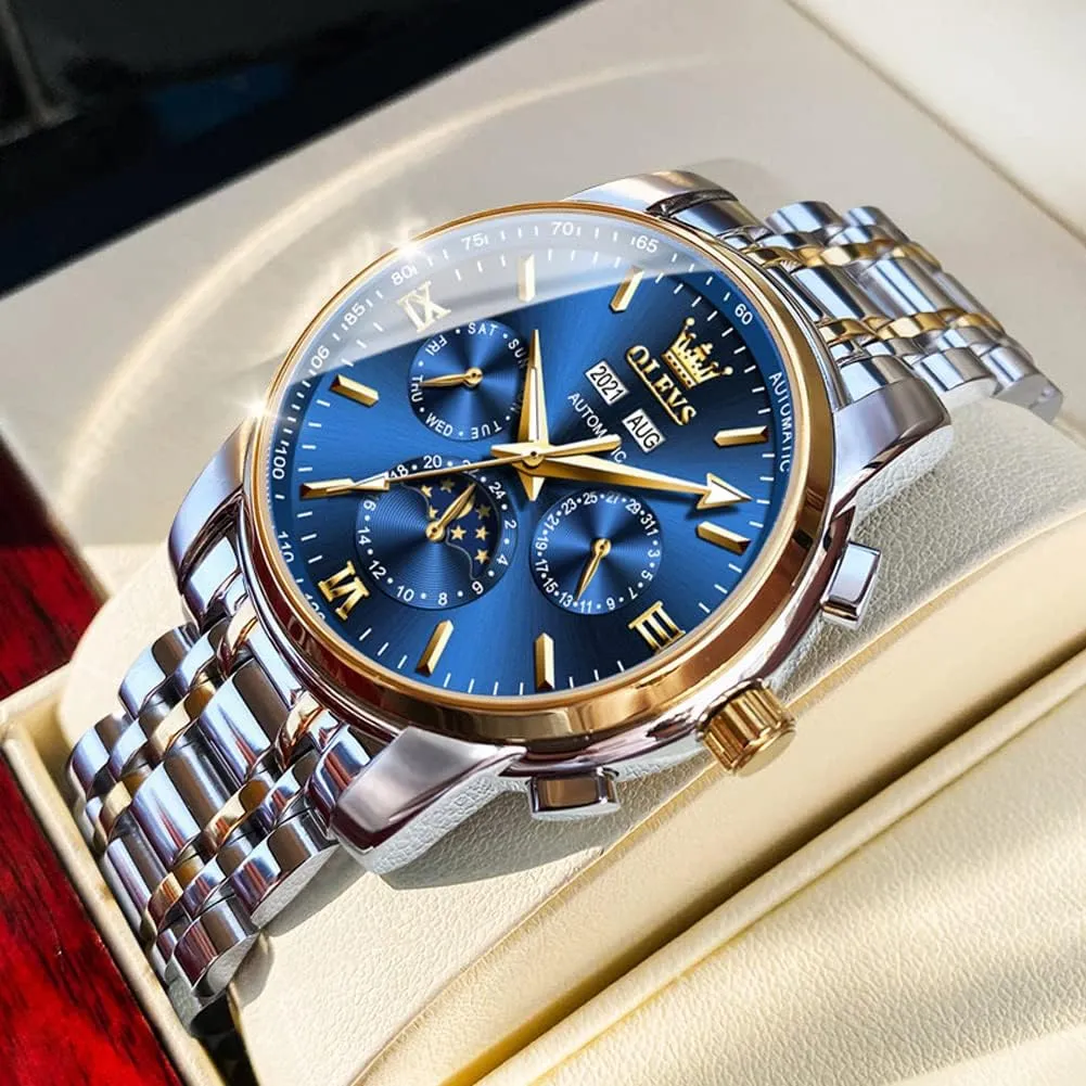 OLEVS Mens Automatic Watches Mechanical Self Winding no Battery Stainless Steel Strap Luxury Moon Phase Dress Wrist Watches for Men Waterproof Luminous