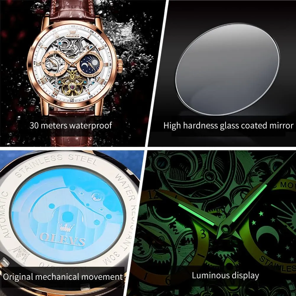 OLEVS Mens Automatic Watches Self-Winding Starry Sky Diamond Skeleton Luxury Wrist Watch Waterproof Luminous