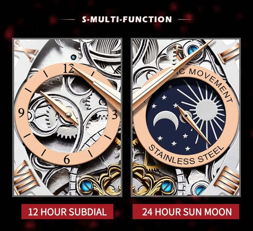 OLEVS Mens Automatic Watches Self-Winding Starry Sky Diamond Skeleton Luxury Wrist Watch Waterproof Luminous