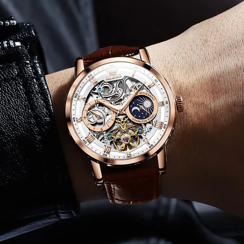 OLEVS Mens Automatic Watches Self-Winding Starry Sky Diamond Skeleton Luxury Wrist Watch Waterproof Luminous