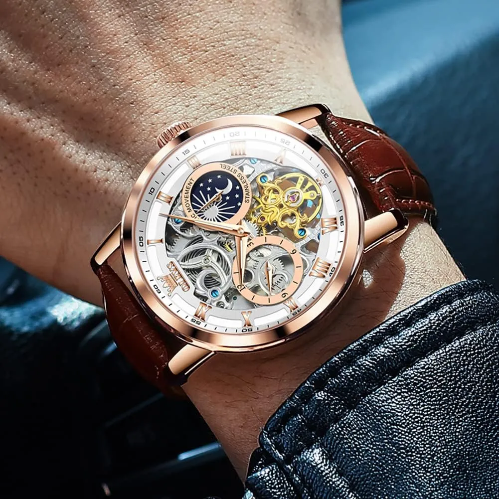 OLEVS Mens Automatic Watches Self-Winding Starry Sky Diamond Skeleton Luxury Wrist Watch Waterproof Luminous