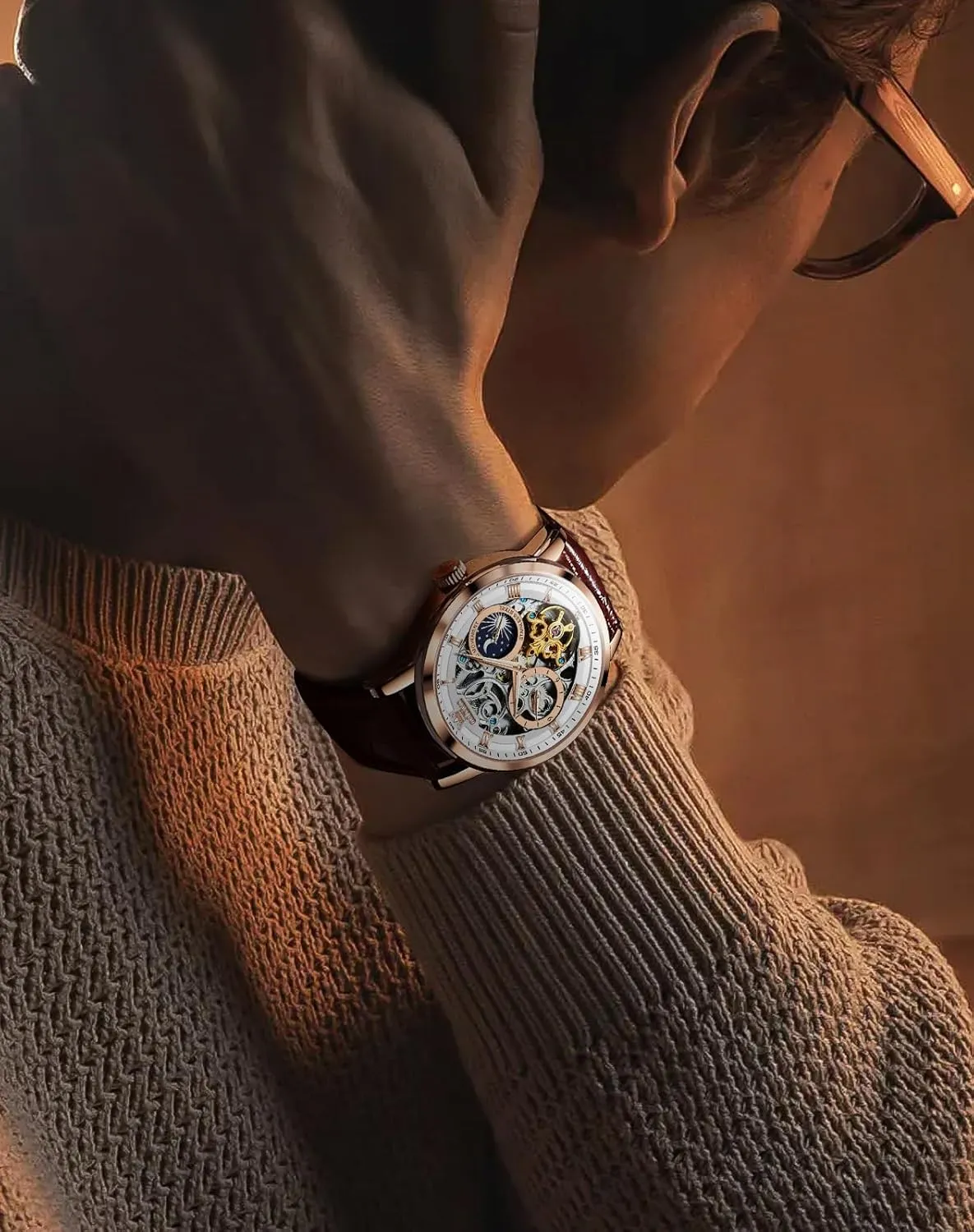OLEVS Mens Automatic Watches Self-Winding Starry Sky Diamond Skeleton Luxury Wrist Watch Waterproof Luminous