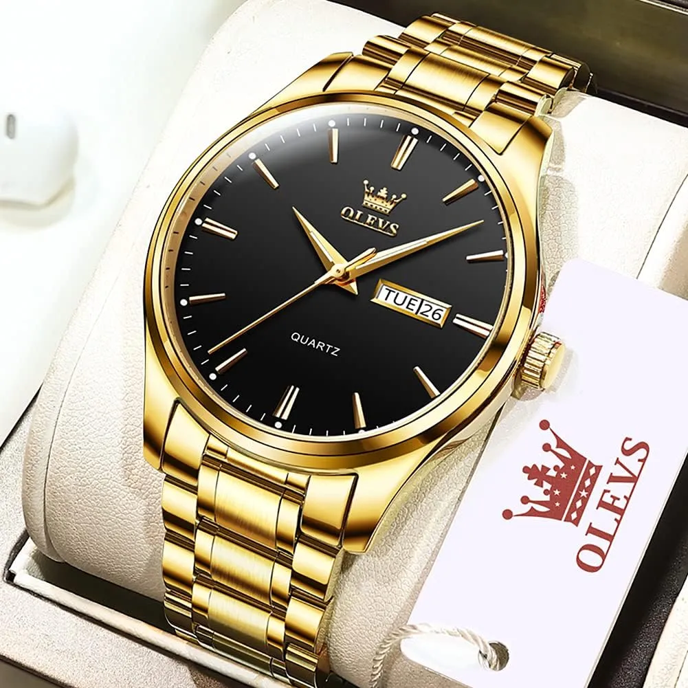 OLEVS Mens Gold Watches Analog Quartz Business Dress Watch Day Date Stainless Steel Classic Luxury Luminous Waterproof Casual Male Wrist Watches