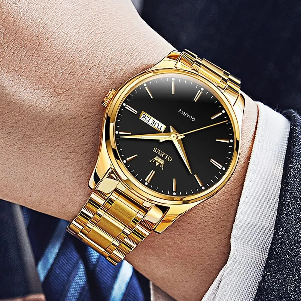 OLEVS Mens Gold Watches Analog Quartz Business Dress Watch Day Date Stainless Steel Classic Luxury Luminous Waterproof Casual Male Wrist Watches
