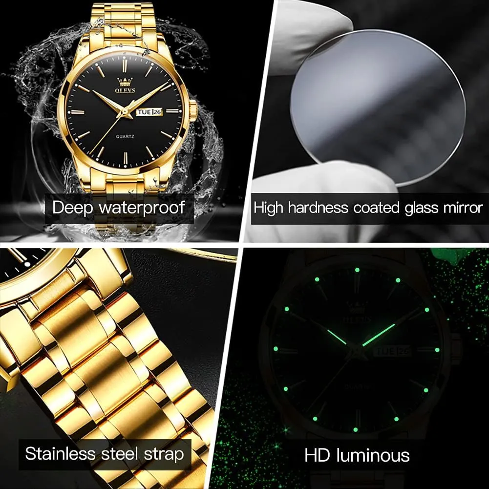 OLEVS Mens Gold Watches Analog Quartz Business Dress Watch Day Date Stainless Steel Classic Luxury Luminous Waterproof Casual Male Wrist Watches