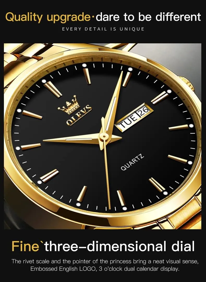 OLEVS Mens Gold Watches Analog Quartz Business Dress Watch Day Date Stainless Steel Classic Luxury Luminous Waterproof Casual Male Wrist Watches