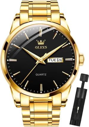 OLEVS Mens Gold Watches Analog Quartz Business Dress Watch Day Date Stainless Steel Classic Luxury Luminous Waterproof Casual Male Wrist Watches